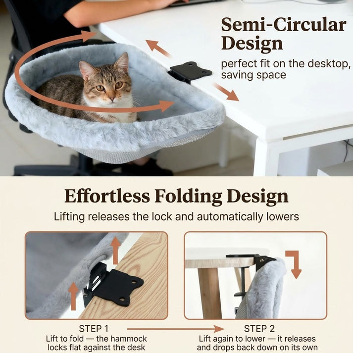 Cat using the semi-circular foldable desk hammock