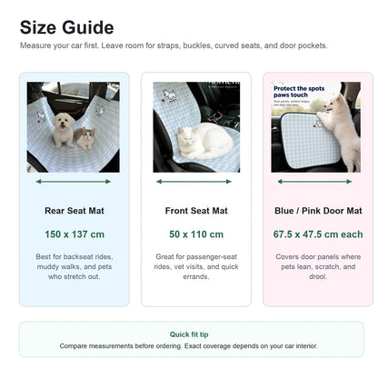 PAWVVY car protector size guide with large readable text for rear seat front seat and door mats