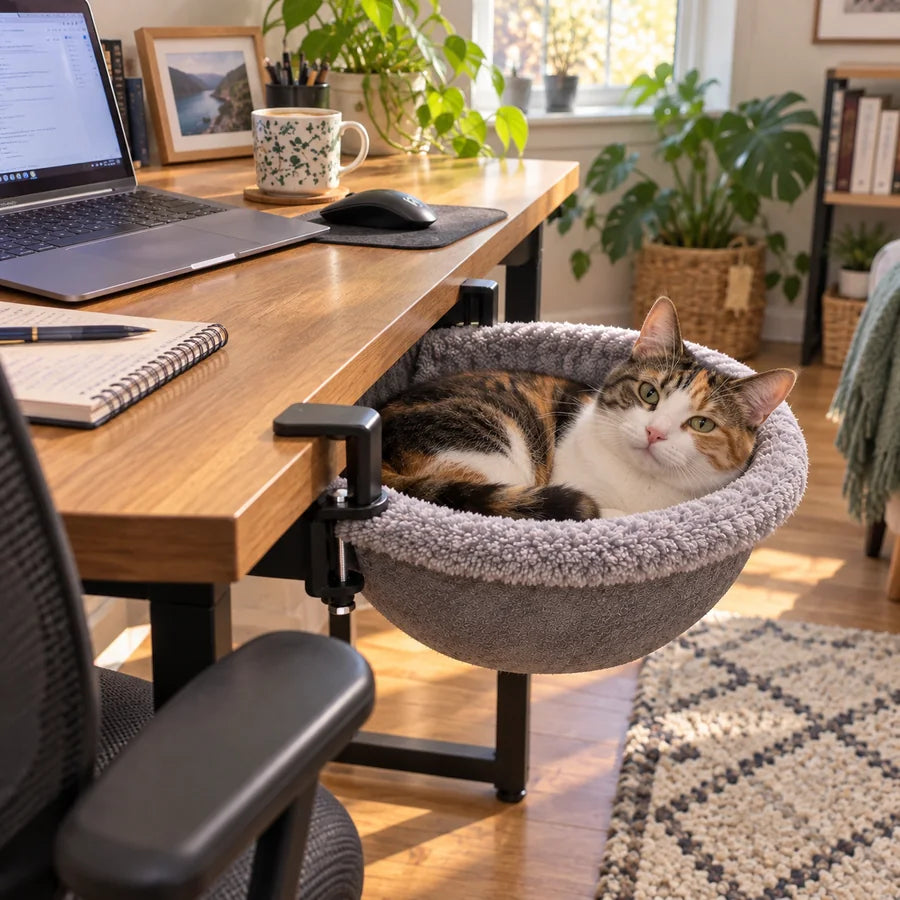 Cat resting in desk hammock while keyboard stays clear