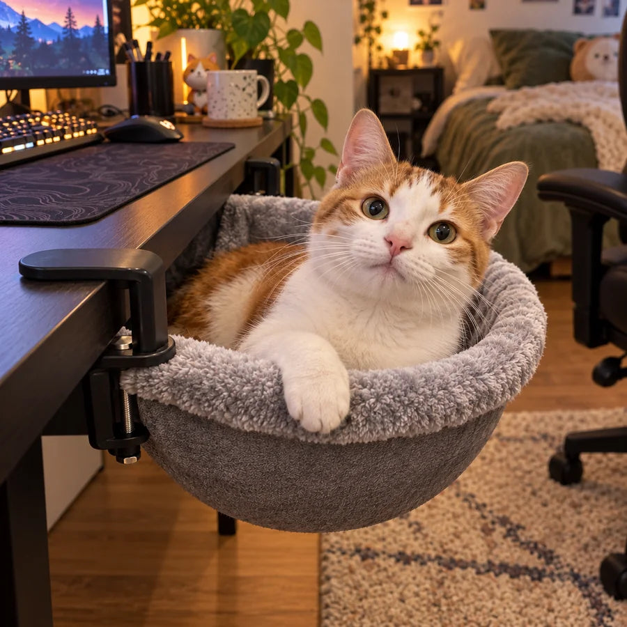 Orange and white cat relaxing happily in a desk hammock