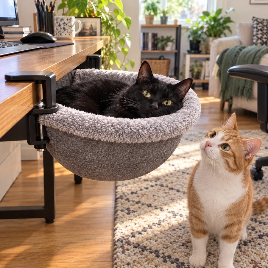 Two cats enjoying a clamp-on desk hammock at home