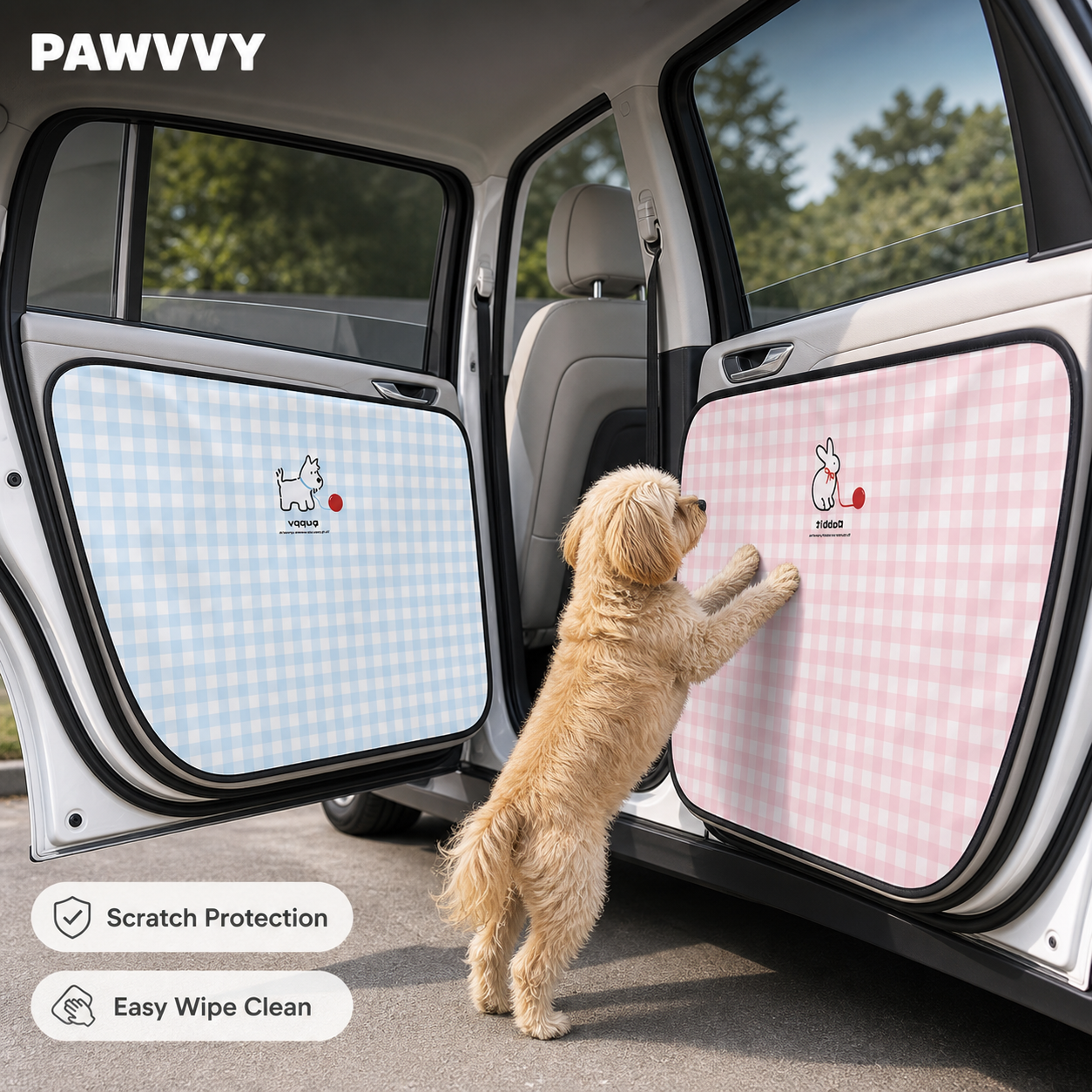 PAWVVY blue and pink car door mats included with the full travel mat kit