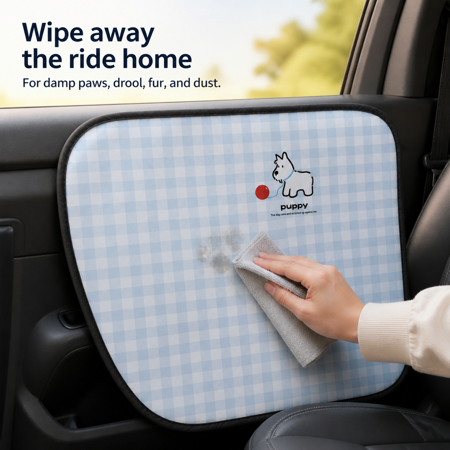 PAWVVY car protector being wiped clean after a pet ride