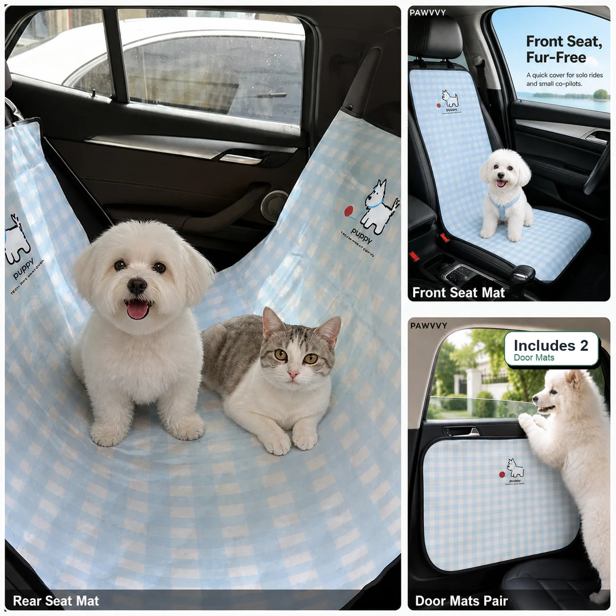 PAWVVY full car protector kit with blue door mats pair includes two door mats