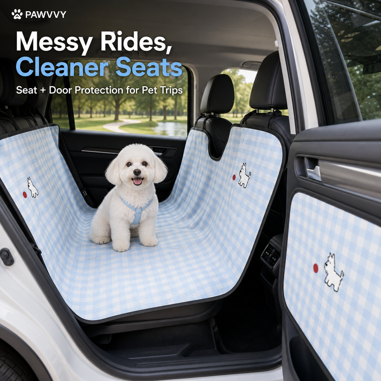 PAWVVY gingham pet car seat and door protector Facebook ad image
