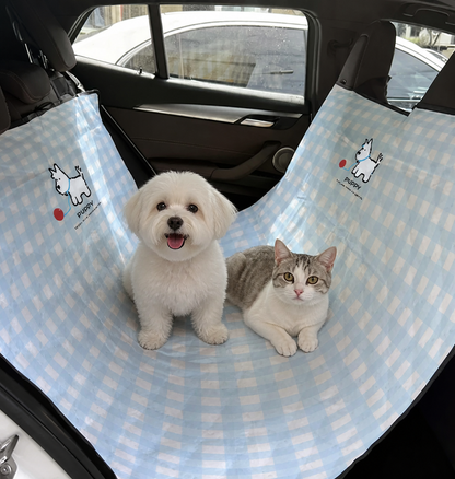 PAWVVY gingham rear seat travel mat with dog and cat riding together