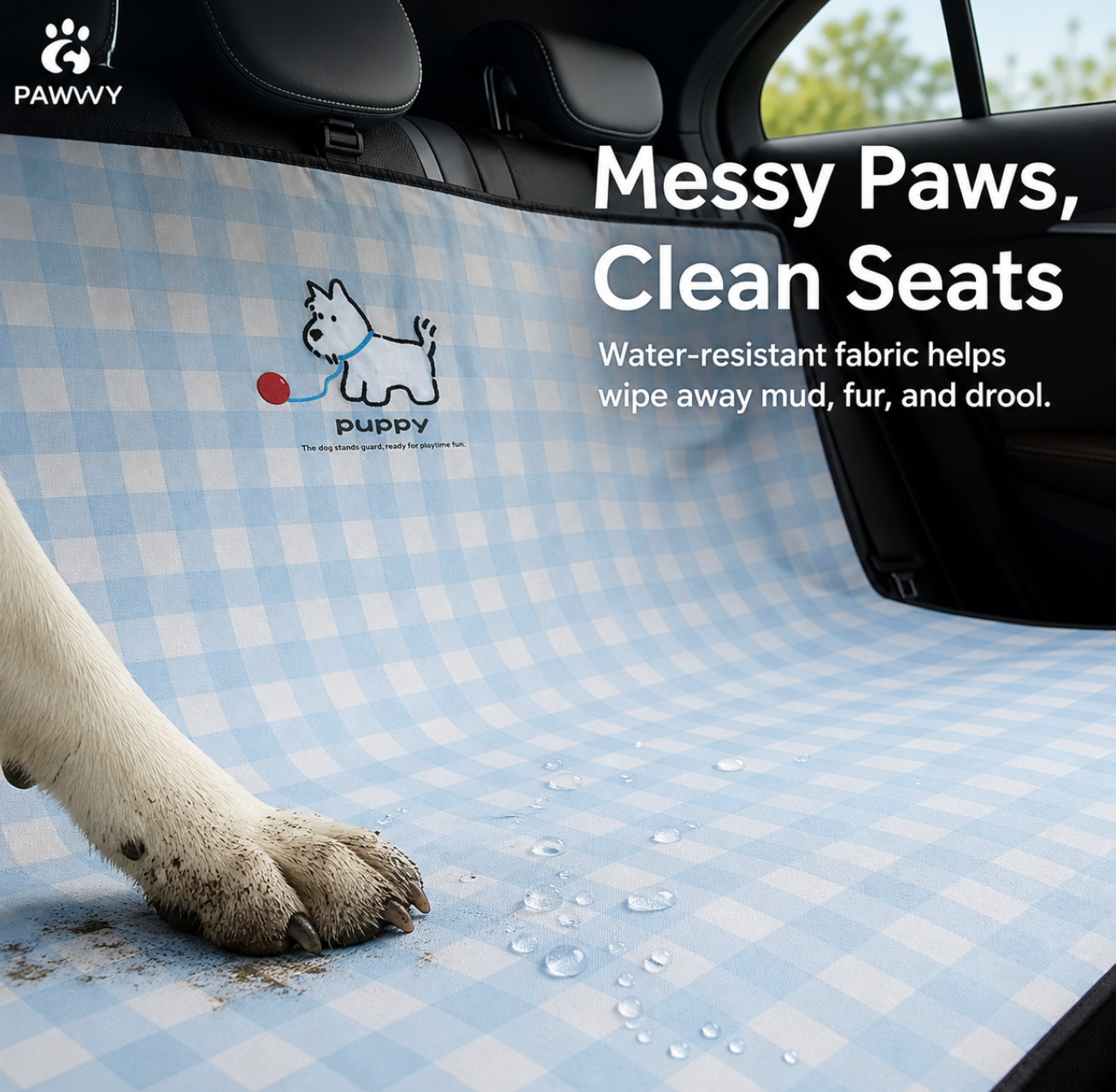 PAWVVY gingham rear seat mat with water resistant fabric for messy paws