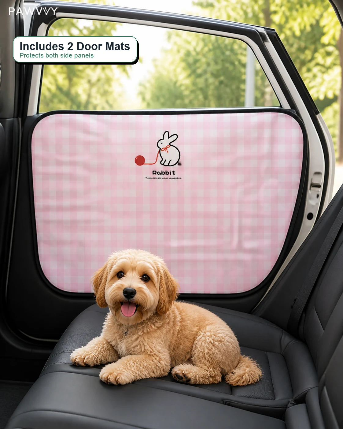 PAWVVY pink gingham car door protector helps protect door panels from pet scratches